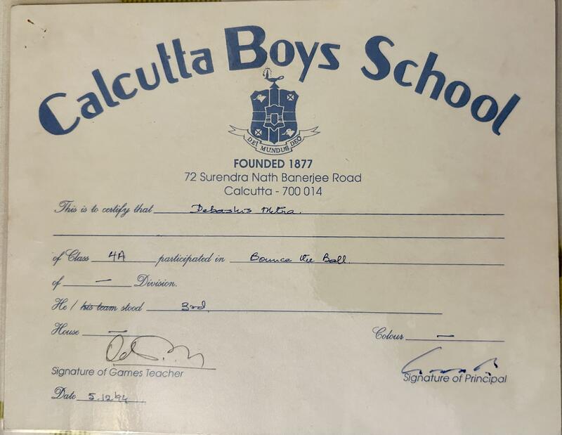 Calcutta Boys School Bounce the Ball certificate, third place