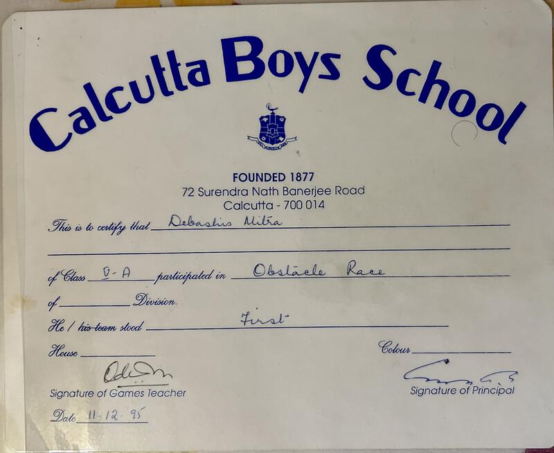 Calcutta Boys School obstacle race certificate, first place